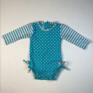 Ruffle Butts Girls Turquoise Polka Dot and Stripe One Piece Long Sleeve Swimsuit